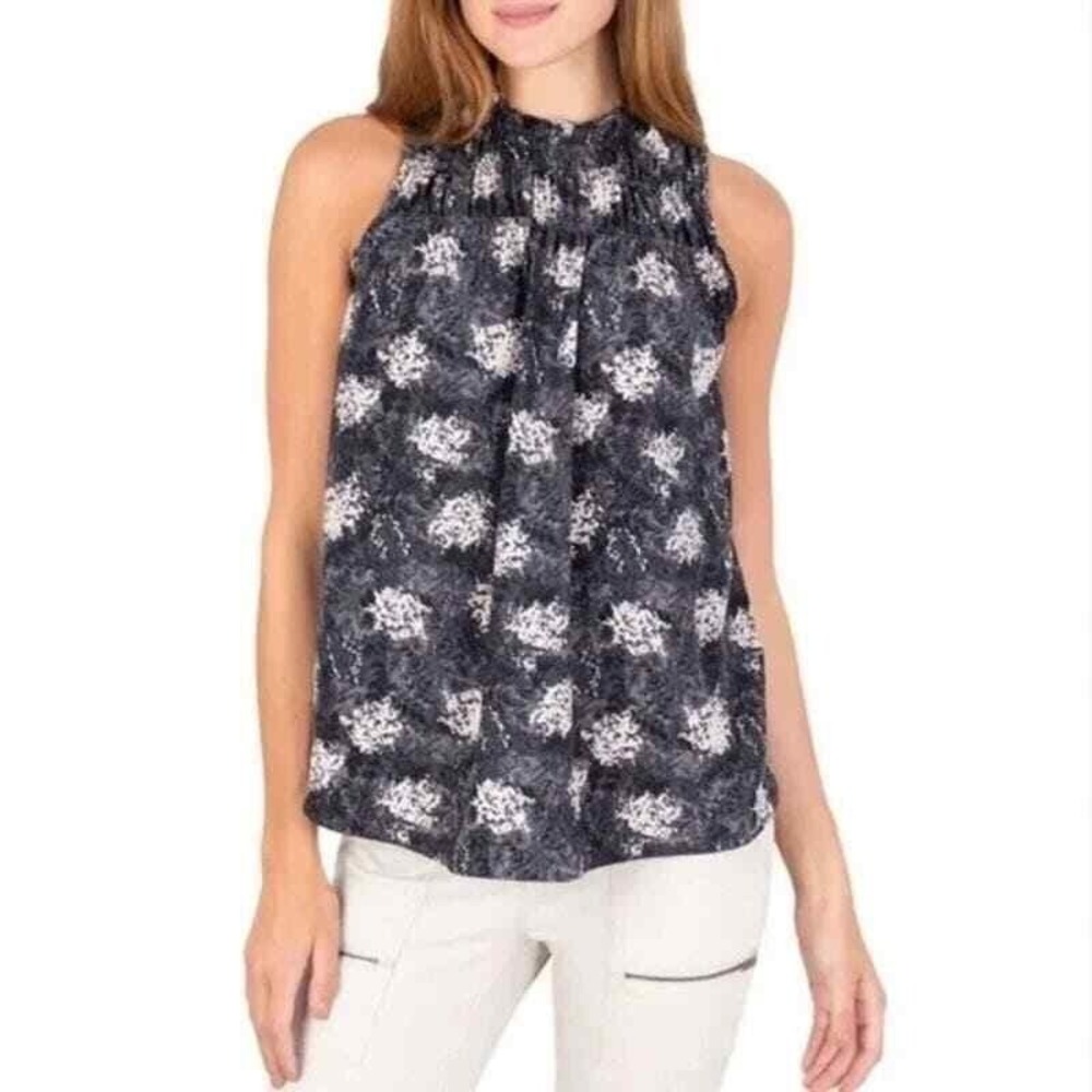 Joie Blouse XXL Navy Blue Floral Ruffle Neck Smocked Sleeveless Top Boho Career